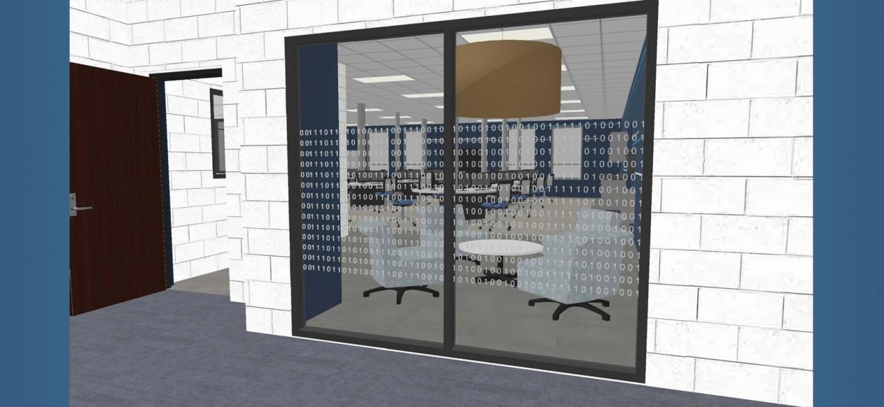 Rendering of Cybersecurity lab view from D wing hallway