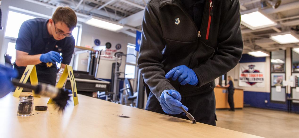 Image of students inspecting a fake crime scene 