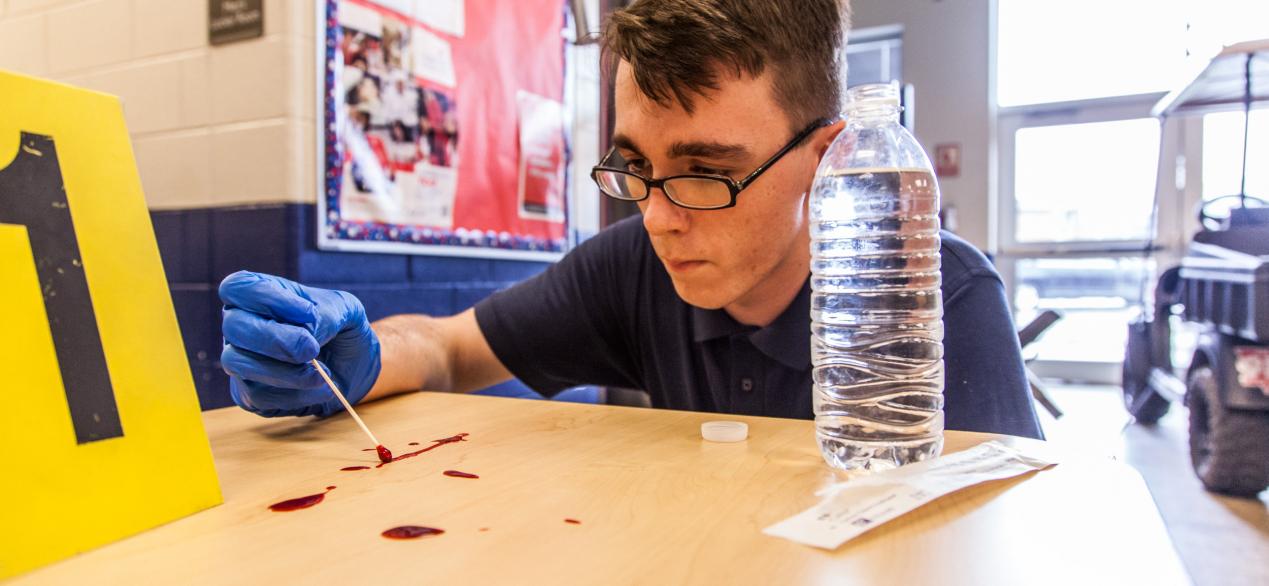 Image of students inspecting a fake crime scene 